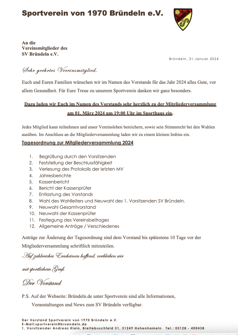 Einladung Mitgliederversammlung SV Bründeln 01.03.2024